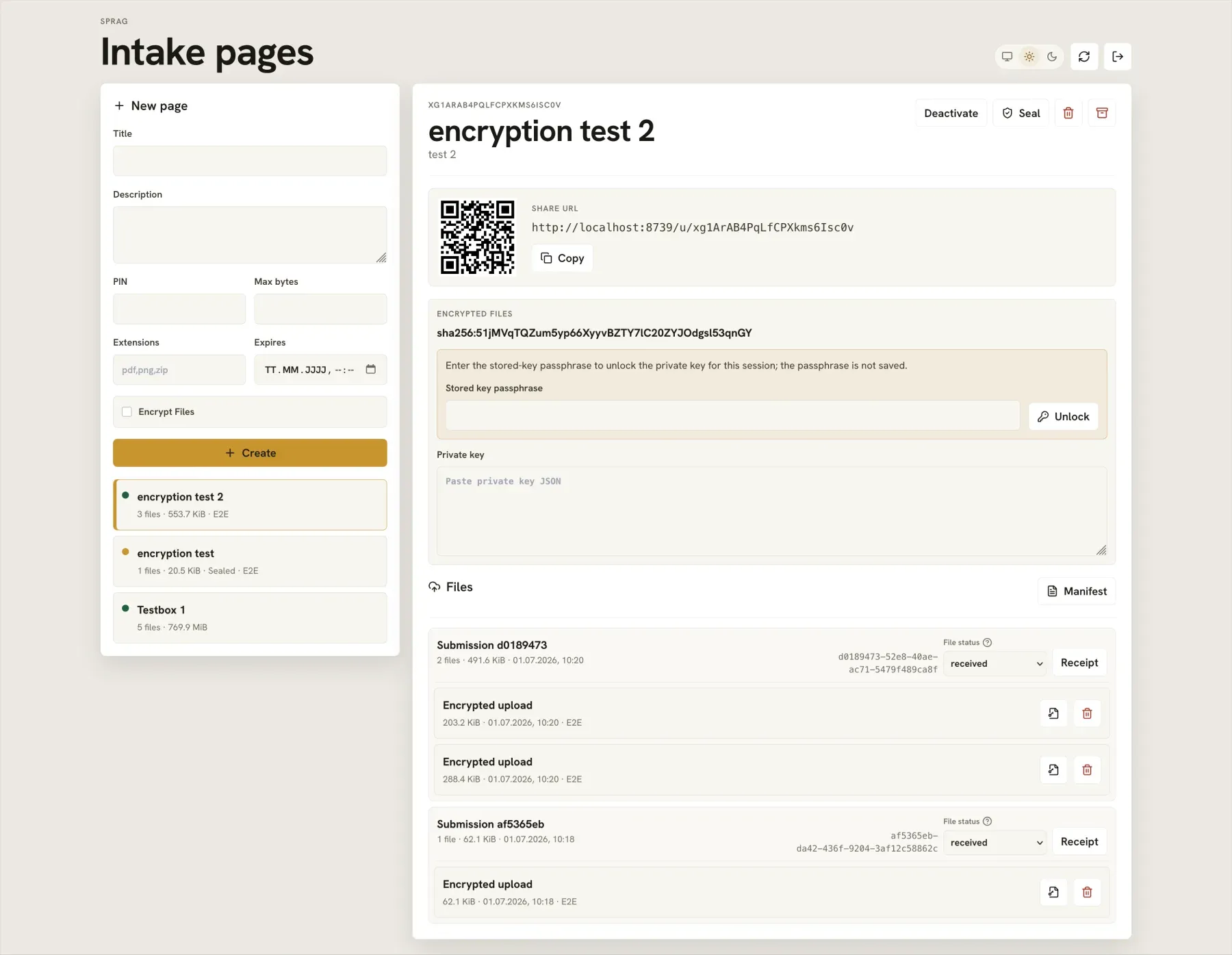 Sprag admin dashboard listing intake pages with a share URL, QR code, and grouped file submissions