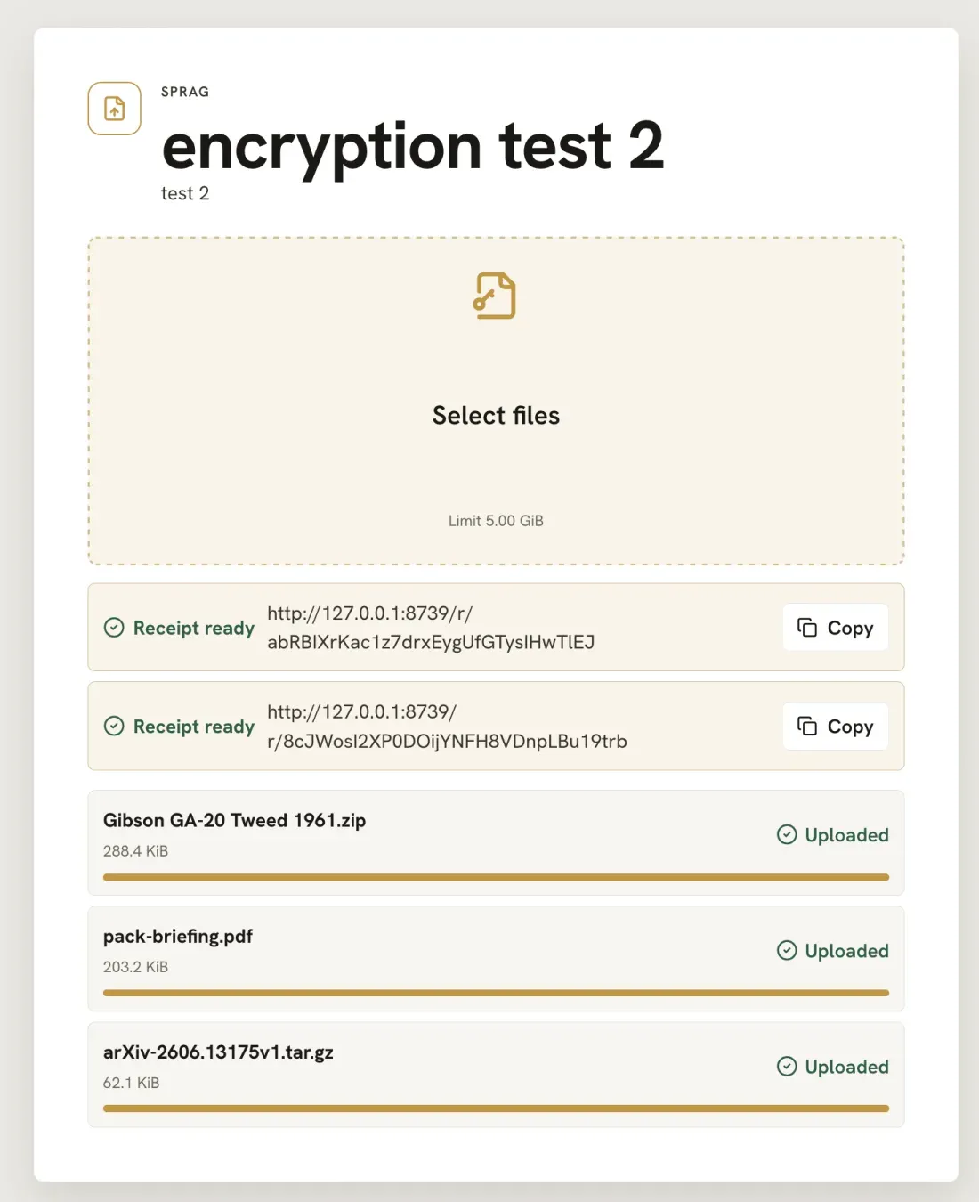 Sprag upload page showing an encrypted intake form with three uploaded files and two ready receipts